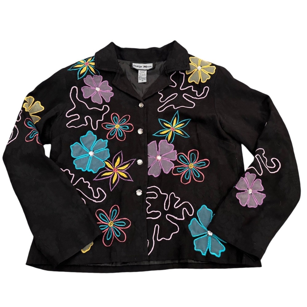 Indigo Moon Embroidered Floral Jacket Black Cotton Rayon Rhinestone Button M